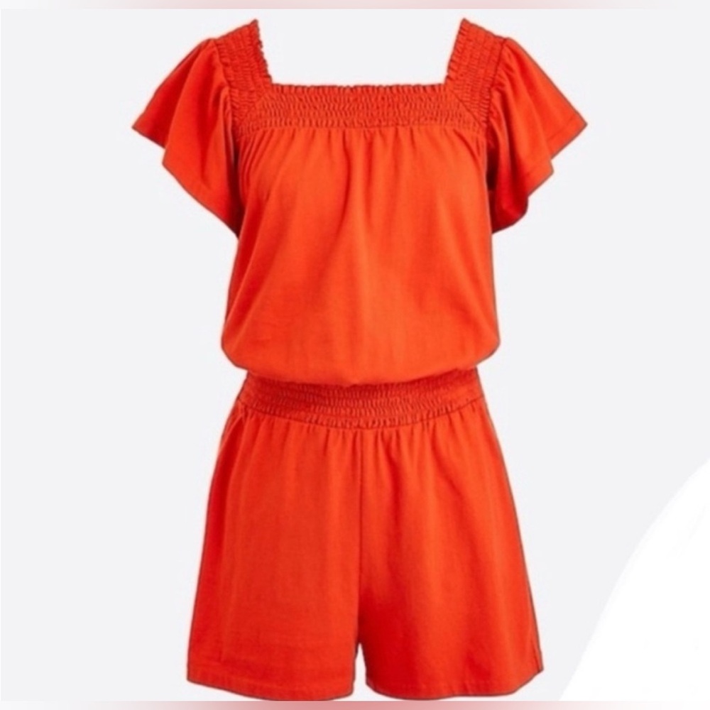 J Crew women’s romper XS red orange boho summer smocked stretchy cap sleeve